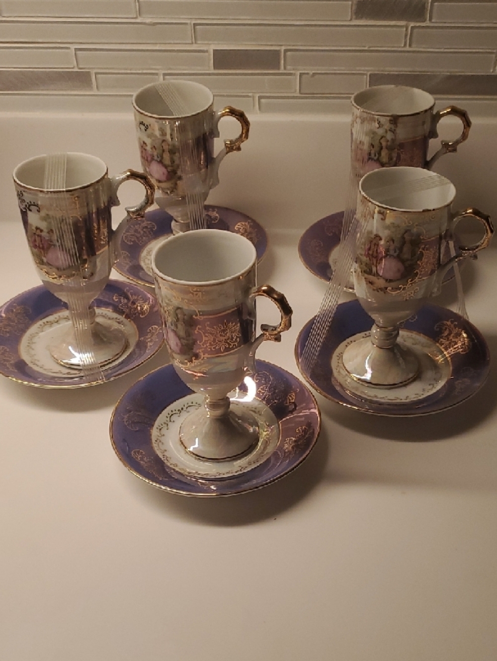 Set of 5 Pedestal Demitasse Cups & Saucers — Romantic Courting Couple, Lavender